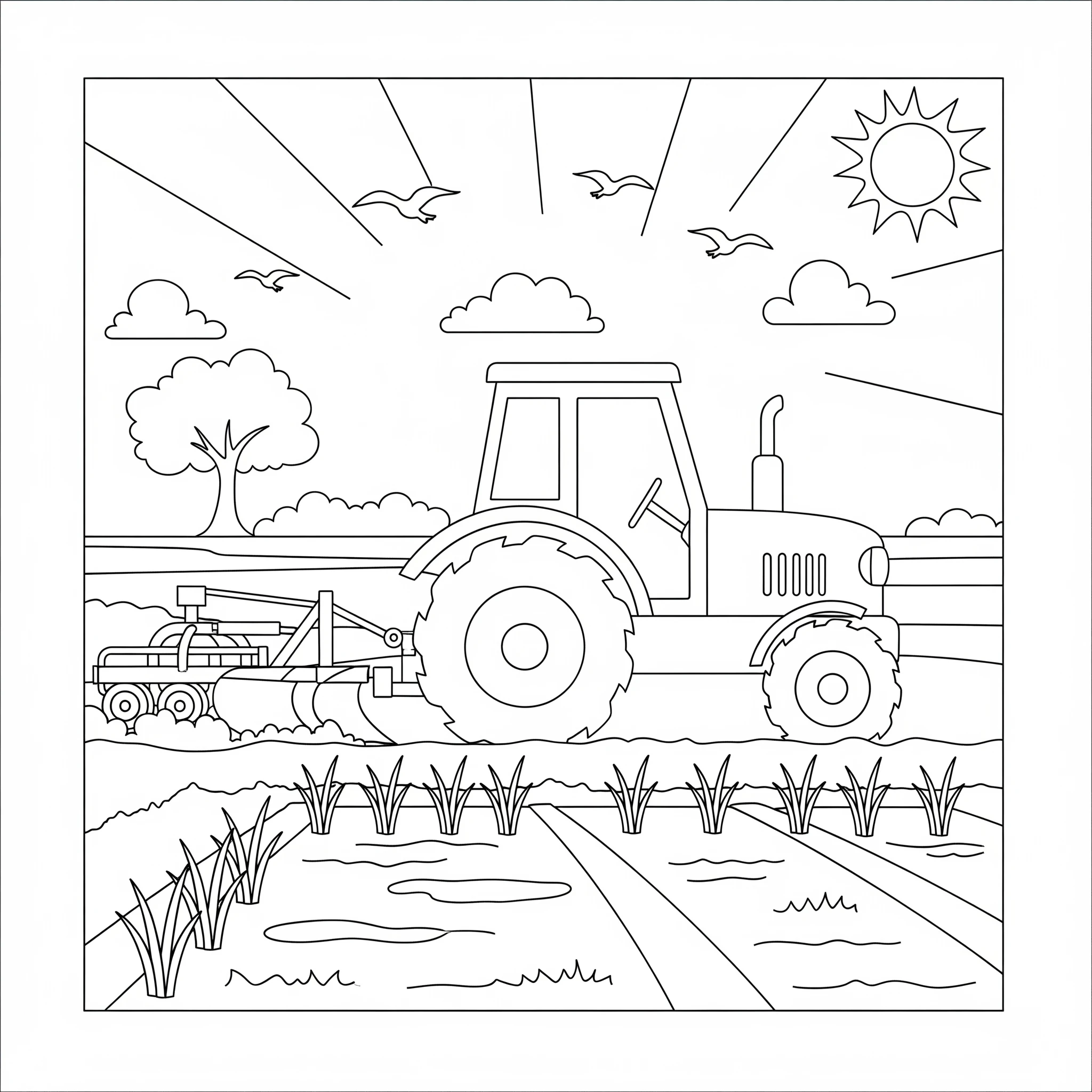Gambar Gambar Mewarnai Traktor Dan Sawah siap untuk diwarnai